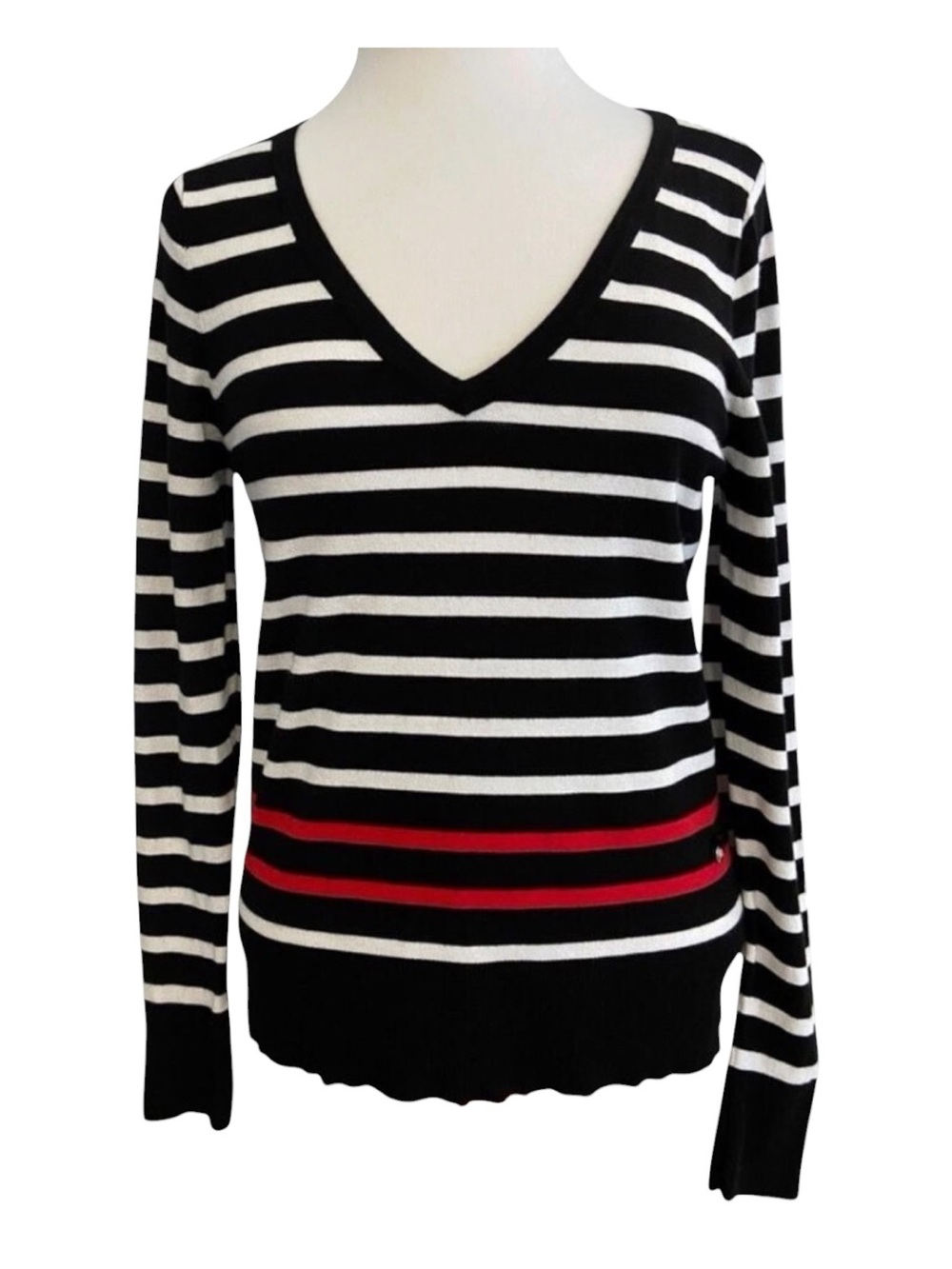 Contemporaine knit sweater black white red stripes V neck long sleeves in medium